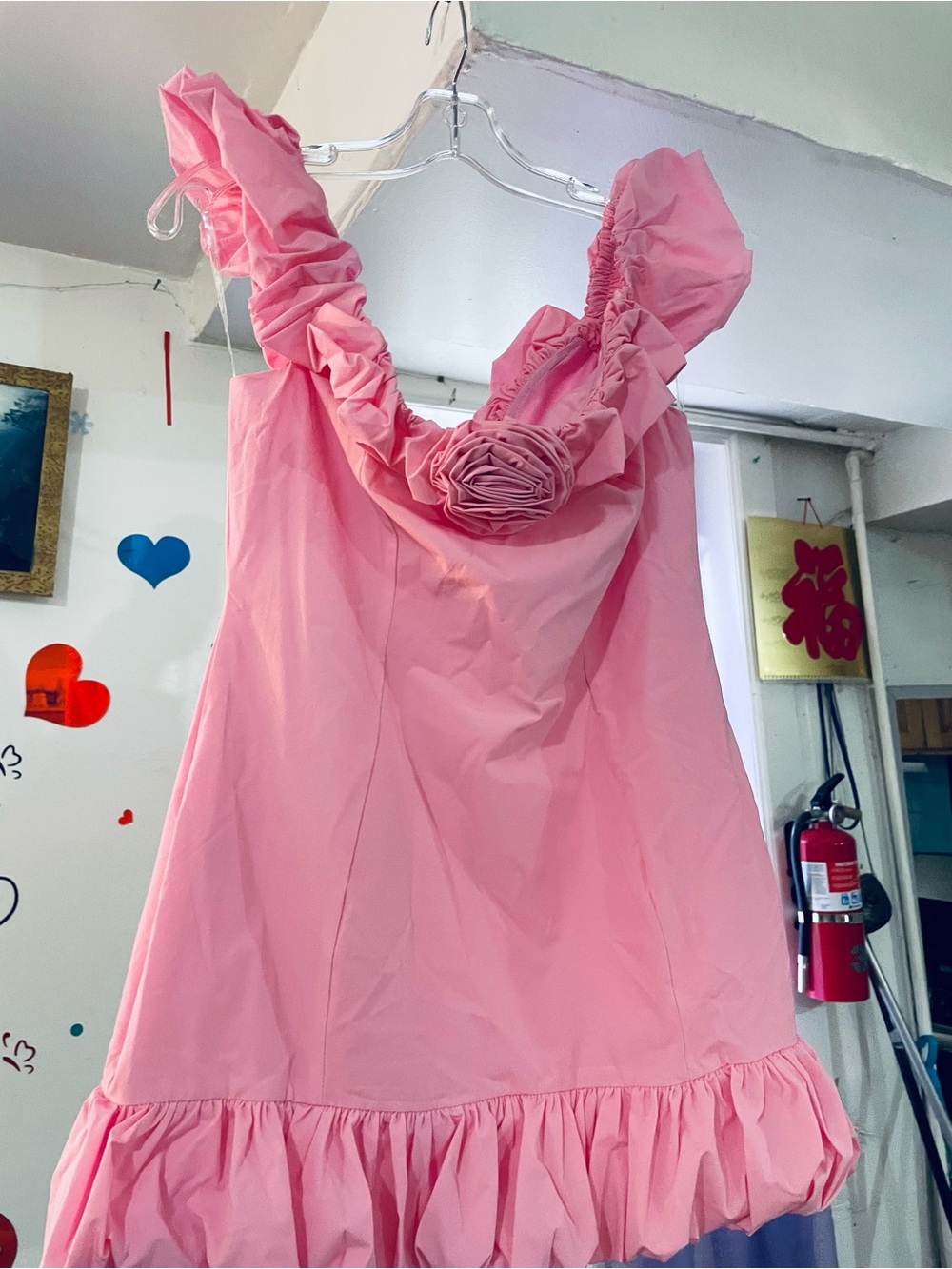 Pink Ruffled Mini Dress with Romantic Neckline - Picture 2 of 3